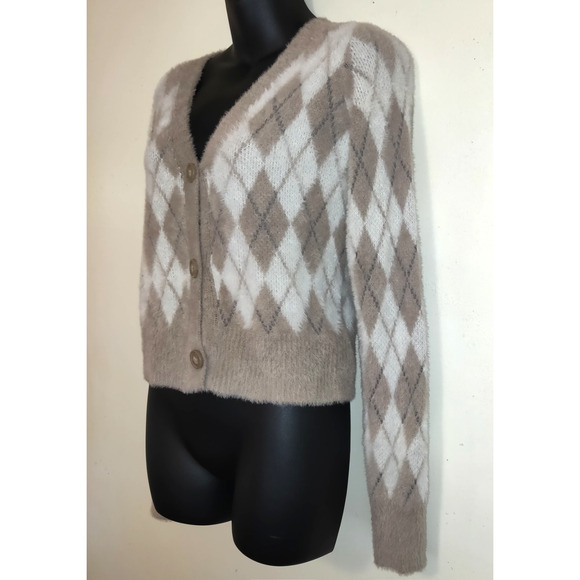 William Rast Cropped Cardigan Sweater XS Argyle Furry Fuzzy Preppy School Girl - Picture 3 of 16